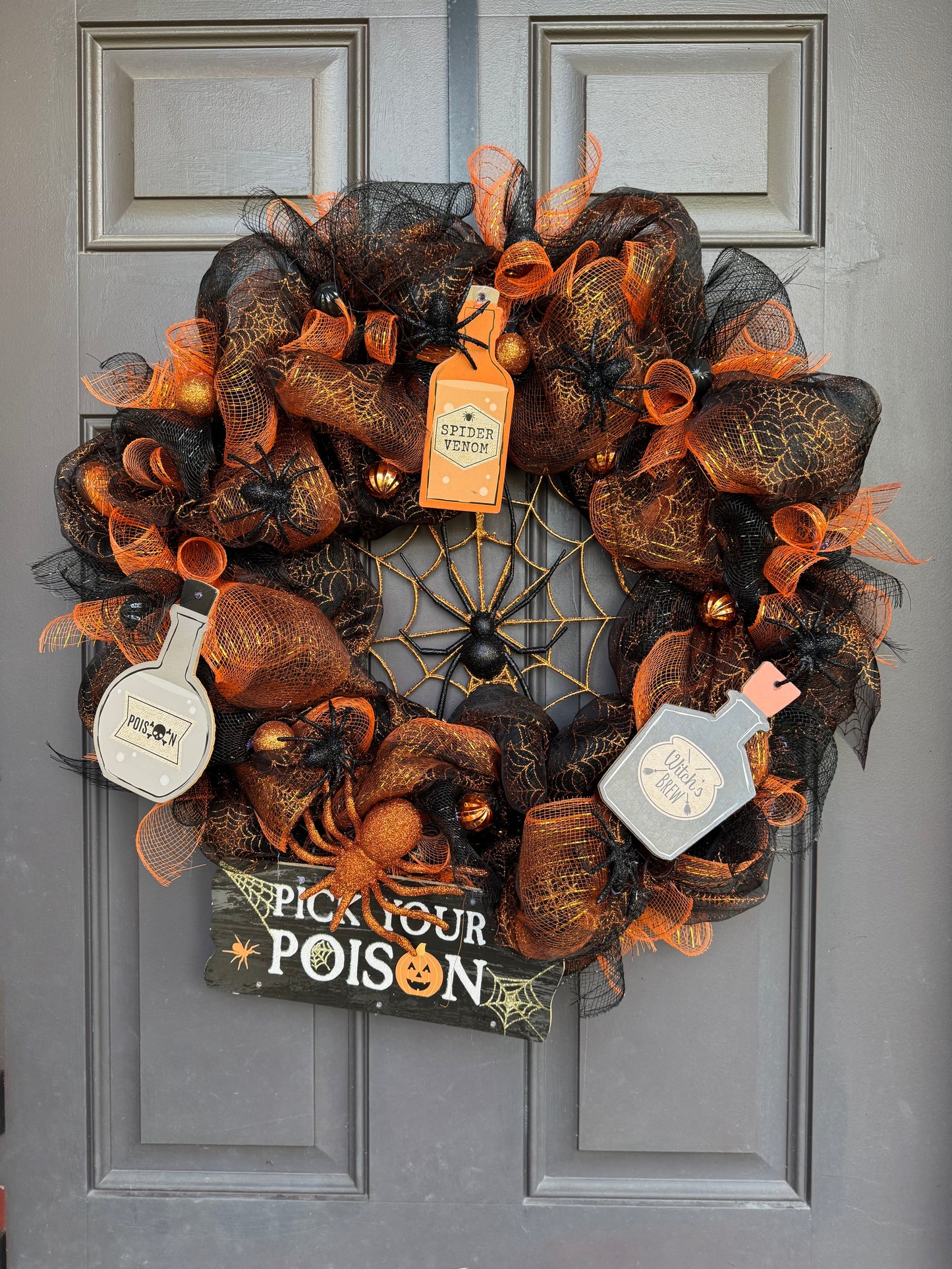 “Pick Your Poison Halloween Wreath – Spider Web & Potion Bottle Décor for Front Door”