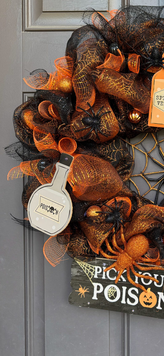 “Pick Your Poison Halloween Wreath – Spider Web & Potion Bottle Décor for Front Door”
