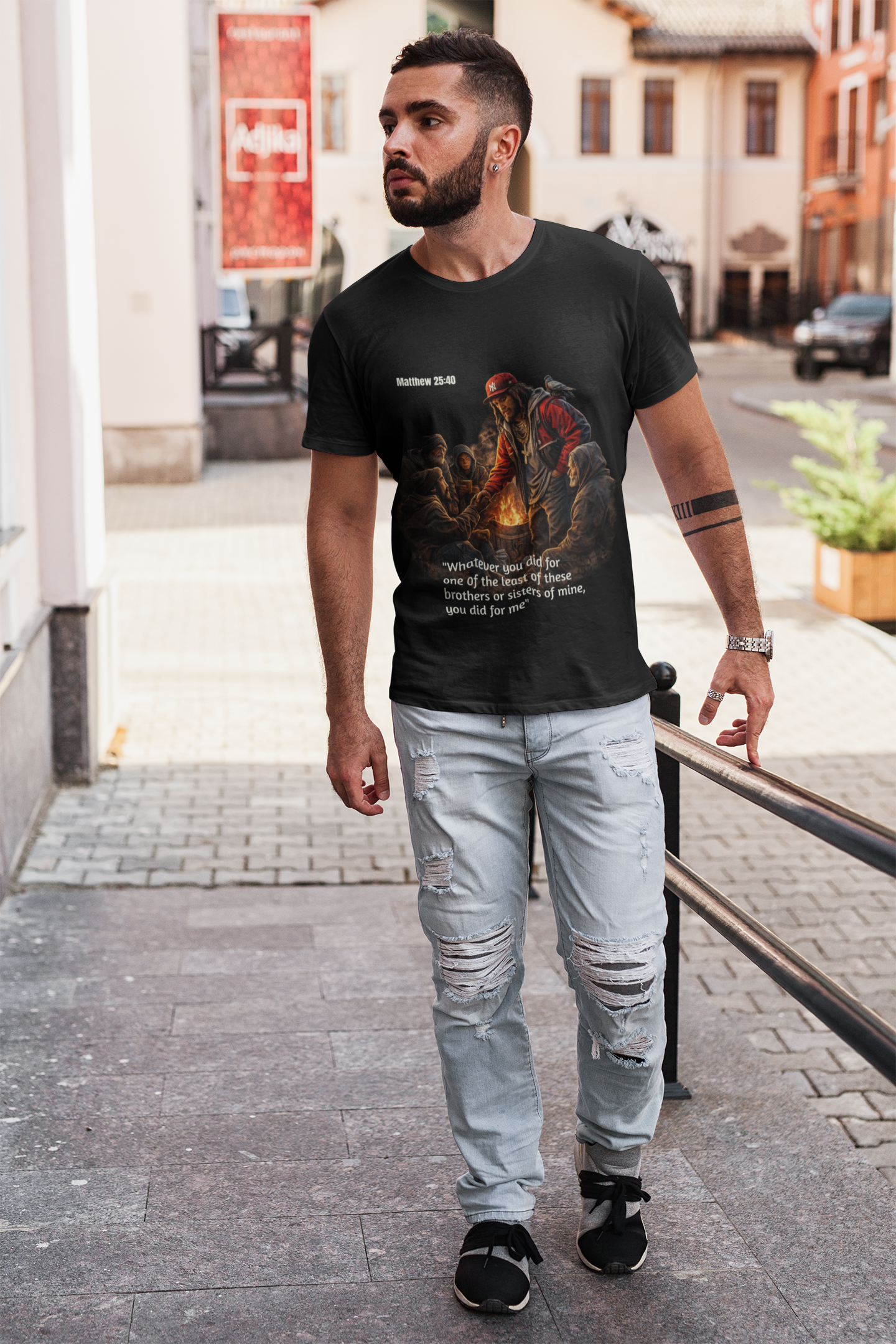 Christian Streetwear T-Shirt | Matthew 25:40 Tee | Jesus Helping the Homeless Shirt | Faith Based Graphic Tee | Inspirational Christian Gift