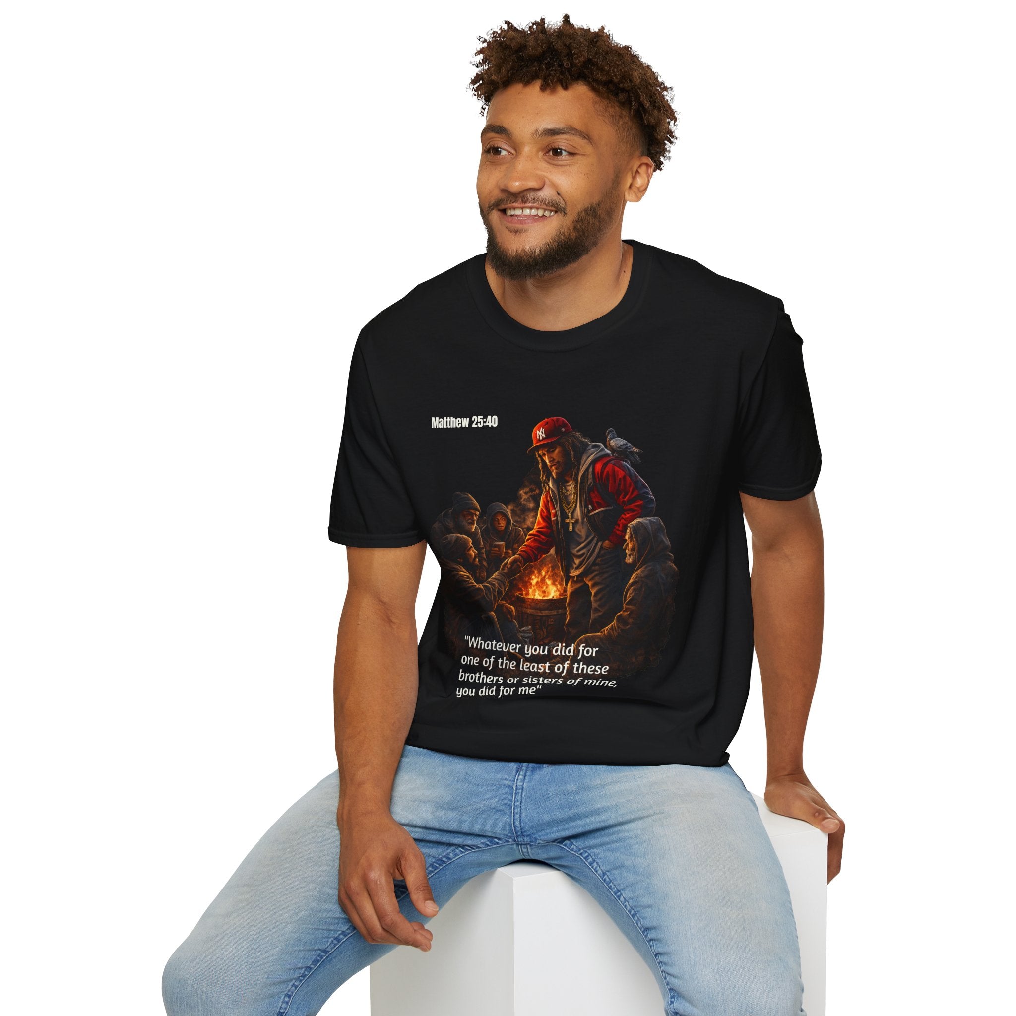 Christian Streetwear T-Shirt | Matthew 25:40 Tee | Jesus Helping the Homeless Shirt | Faith Based Graphic Tee | Inspirational Christian Gift