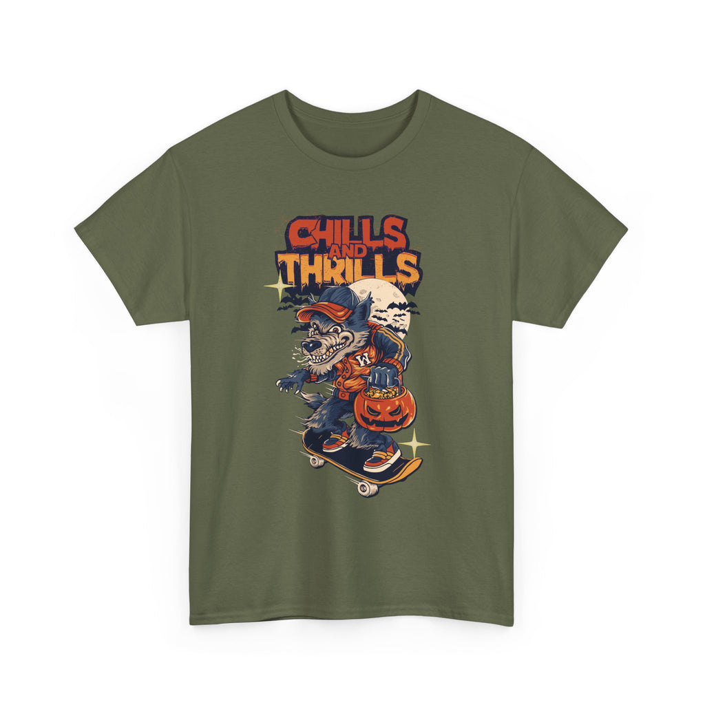 Halloween Graphic Tee, Chills & Thrills Unisex Heavy Cotton Shirt, Spooky Skateboard T-Shirt, Fall Festive Apparel, Halloween Gift, [...]