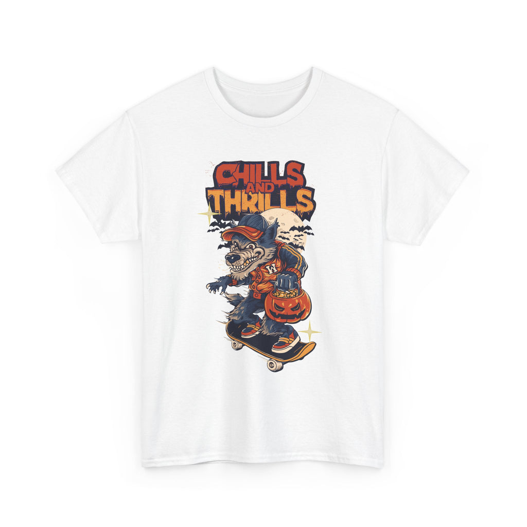 Halloween Graphic Tee, Chills & Thrills Unisex Heavy Cotton Shirt, Spooky Skateboard T-Shirt, Fall Festive Apparel, Halloween Gift, [...]