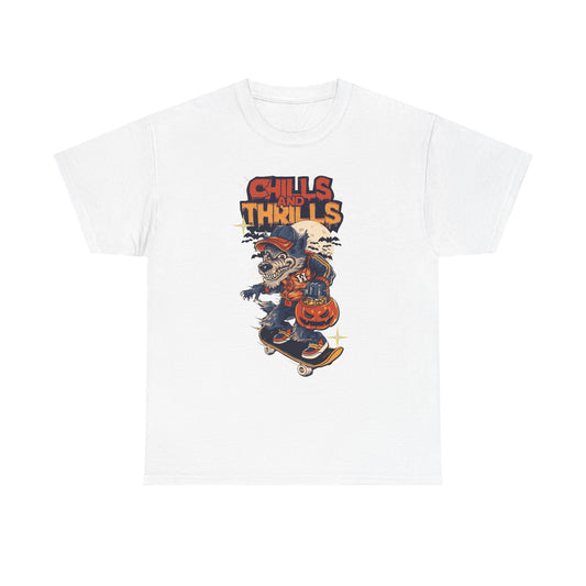 Halloween Graphic Tee, Chills & Thrills Unisex Heavy Cotton Shirt, Spooky Skateboard T-Shirt, Fall Festive Apparel, Halloween Gift, [...]