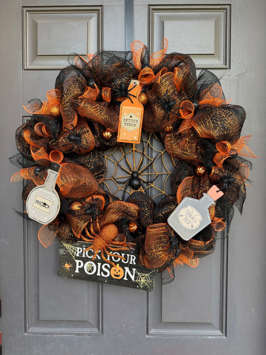 “Pick Your Poison Halloween Wreath – Spider Web & Potion Bottle Décor for Front Door”